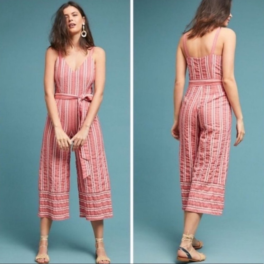 Anthropologie Coral Striped Cropped Jumpsuit